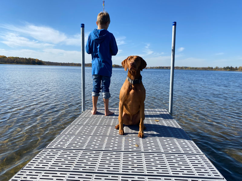 young boy with his dog standing on the end of a patriot dock