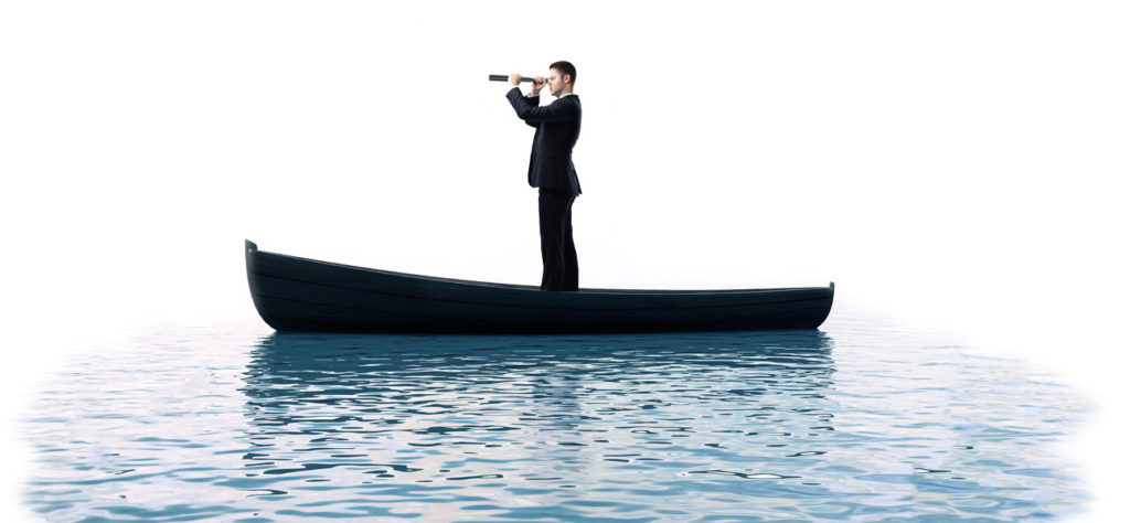 man standing in a boat in the middle of a lake looking for a Patriot Dock with a spyglass
